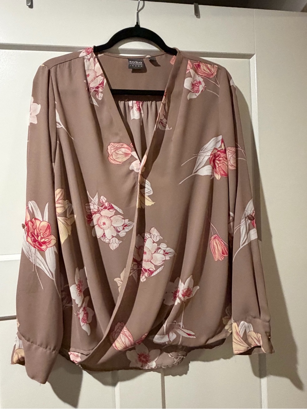 New York & Company Taupe Floral Wrap Blouse with Pink Accents